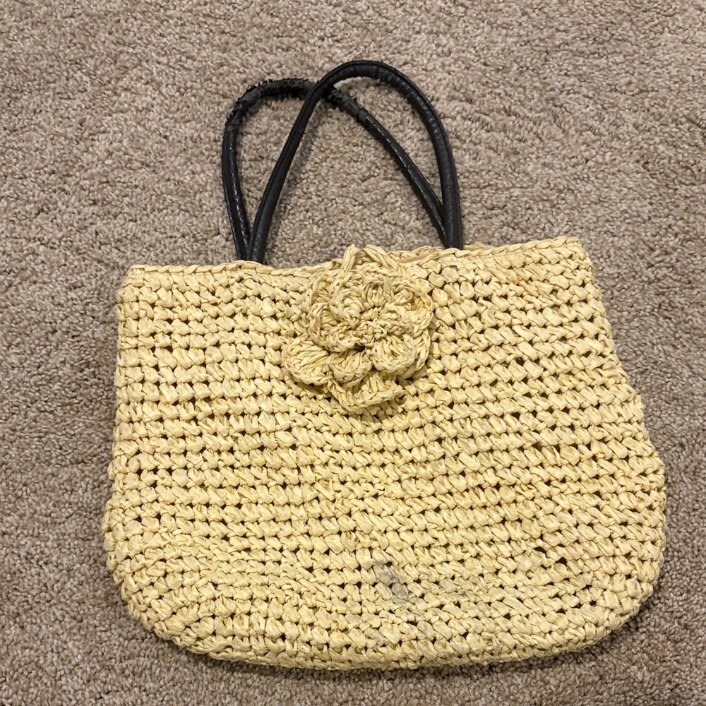 Neiman Marcus Crochet Tote in Yellow with Black Handles